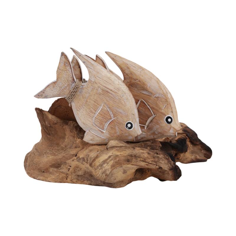 Wood Hand-Carved Fish Figurine Coastal Finish (Set of 2) - 9" Brown - 14" x 7.5" x 8.75"