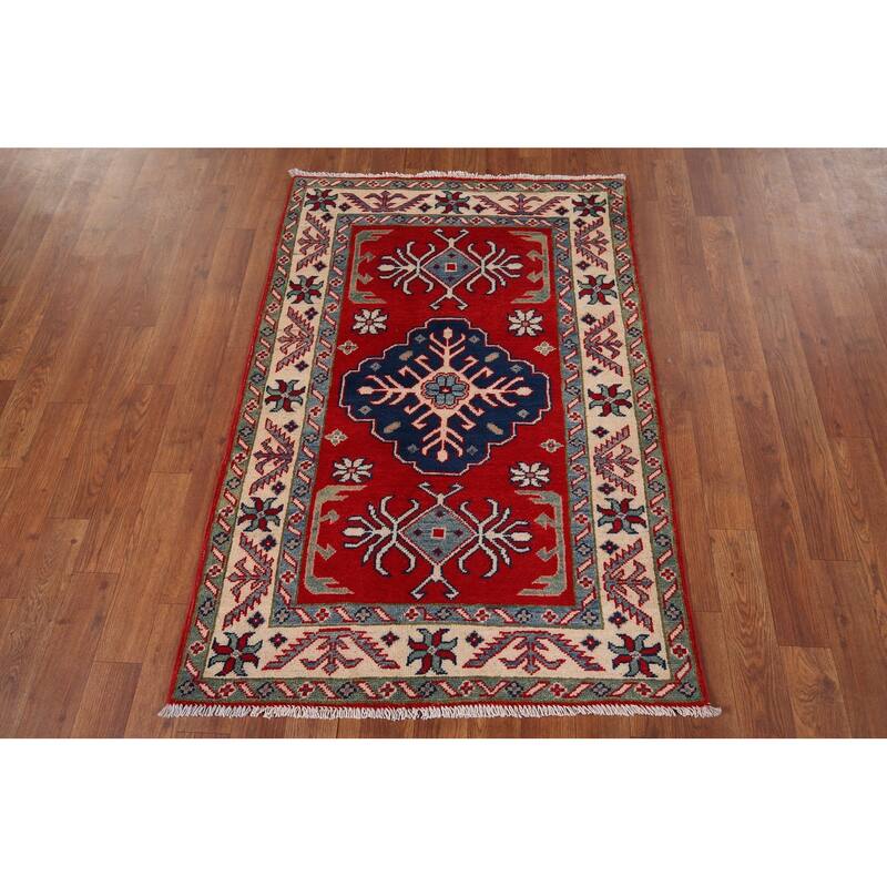 Red Geometric Kazak Accent Rug Handmade Wool Carpet - 2'9" x 4'1"