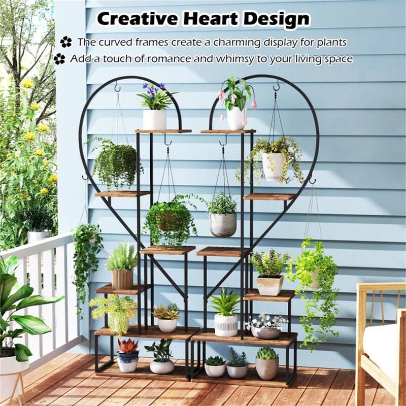 2 Pieces 6-Tier Flower Display Stand with Hooks and Heart-Shaped Plant Shelves for Home Decor - 22" x 11" x 66"