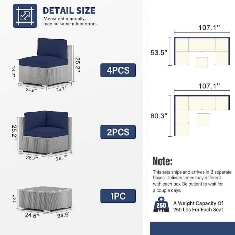 7-piece Outdoor Patio Grey Wicker Rattan Cushioned Sectional Sofa Conversation Set