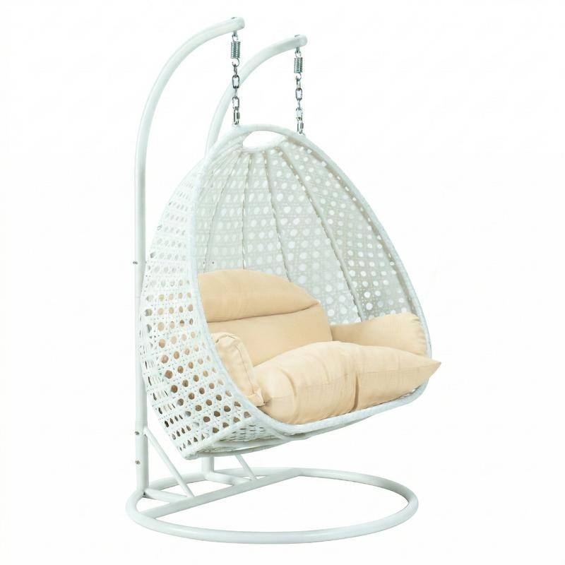 Egg-Shaped Swing Chair with Stand 2-Person Outdoor Patio Swing - Iron Frame & All-Weather Washable Cushions - Cream