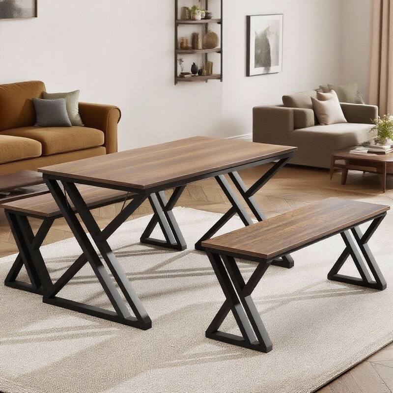 55" Large Kitchen Table Set with 2 Benches - Brown