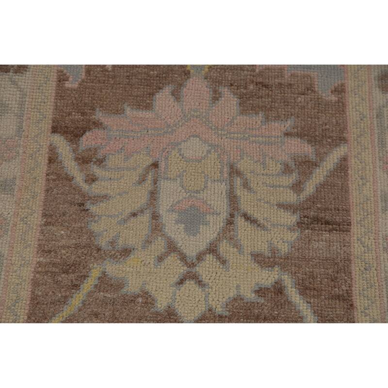 Hand Knotted Oriental 100% Wool Carpet Transitional Floral Brown Oushak Runner Rug - 17' 6'' X 3' 2''