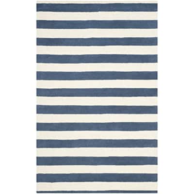 Coastal Stripe Area Rug - 8x10 Navy Ivory Wool - Handmade Living Room Bedroom Rug - 120 x 96