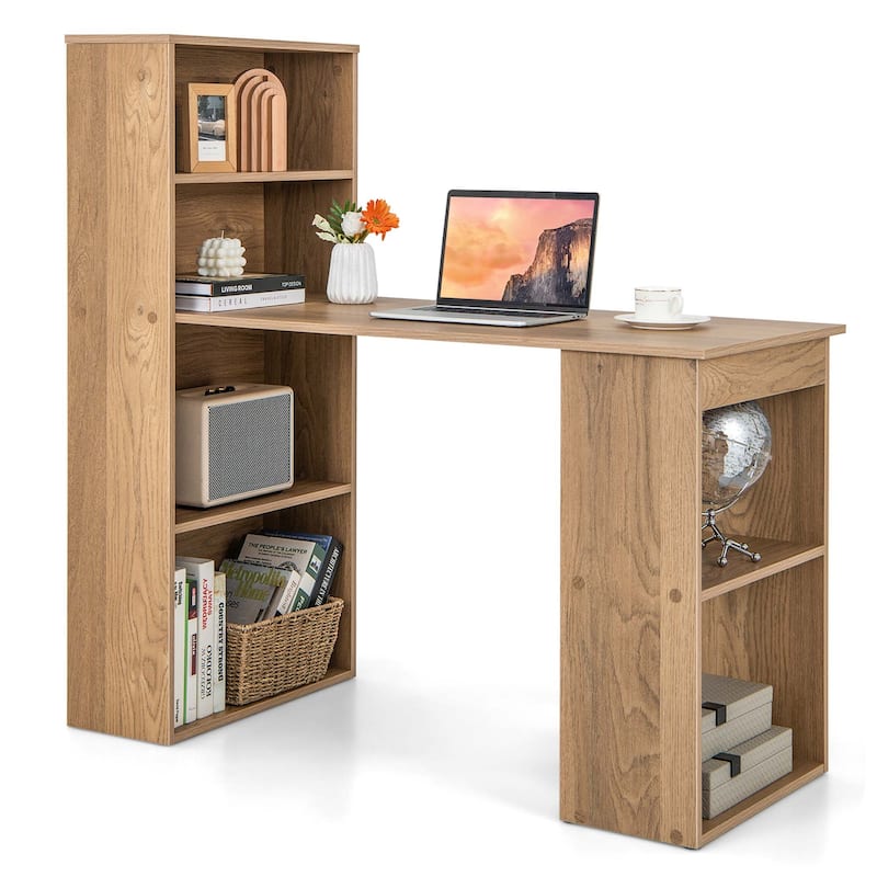 Modern Computer Desk Writing Study Desk with 6 Tier Storage Shelves - Natural