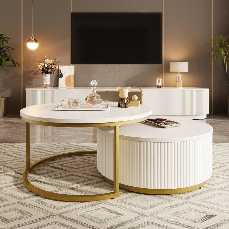 Modern Round Nesting Coffee Table with Drawer and Gold Base for Living Room
