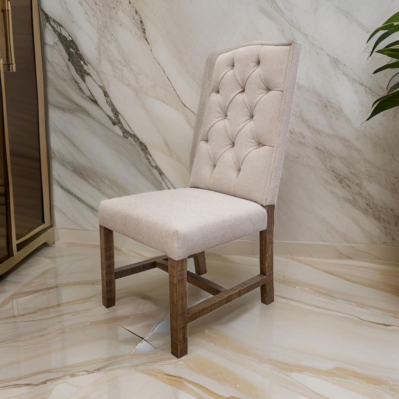 Genie 21 Inch Dining Chair, Set of 2, Ivory Polyester, Solid Brown Wood