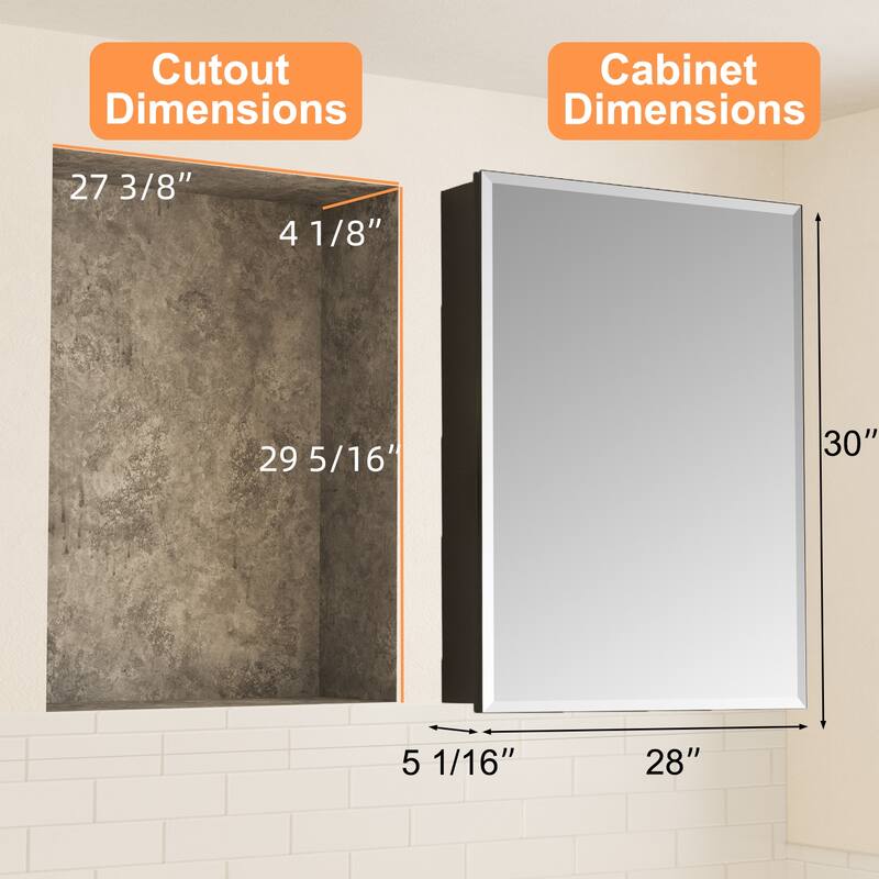 Belle Medicine Cabinet with Mirror, Adjustable Shelves, Recessed or Wall Mount