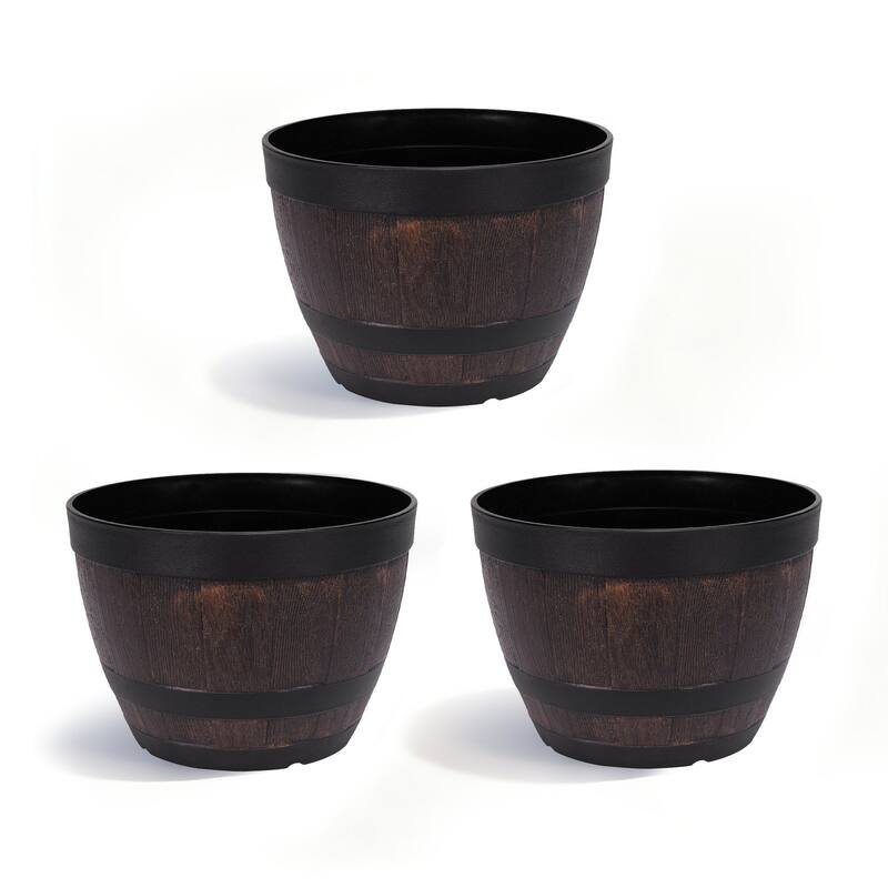Javlergo 3 Pack 9" Barrel Planters Set with Drainage Holes PP Plastic Plant Pot Set for Indoor Use Outdoor Garden