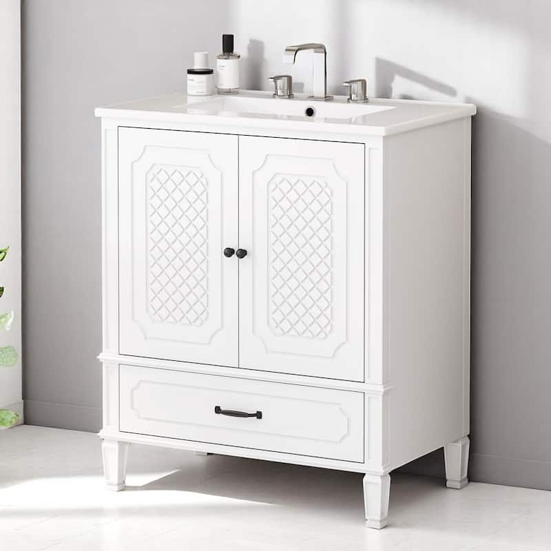 30 Inch Freestanding Bathroom Vanity with Ceramic Sink, Vintage Design, Drawer Storage, Soft Close Doors - White