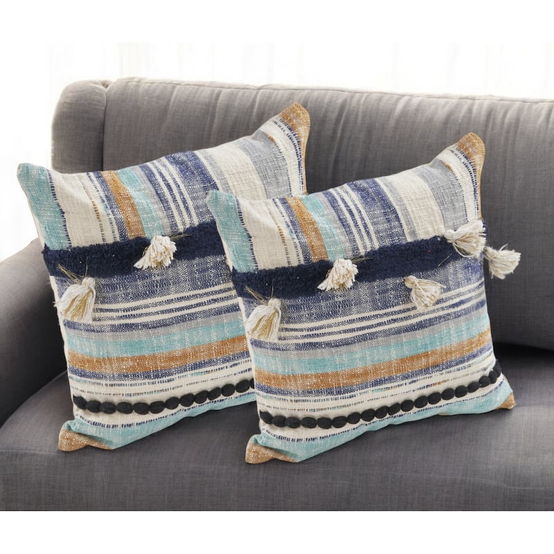Set of Two Blue Striped Cotton Throw Pillow With Tassels - Blue