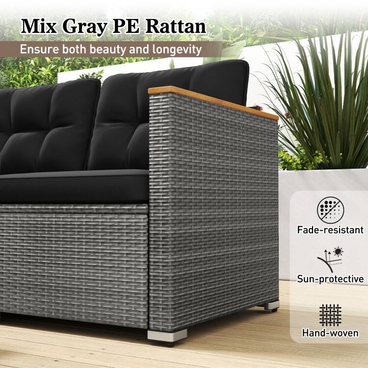 Mix Grey PE Rattan 3-Seater Outdoor Sofa with Black Cushions - 26" x 76" x 25.5"