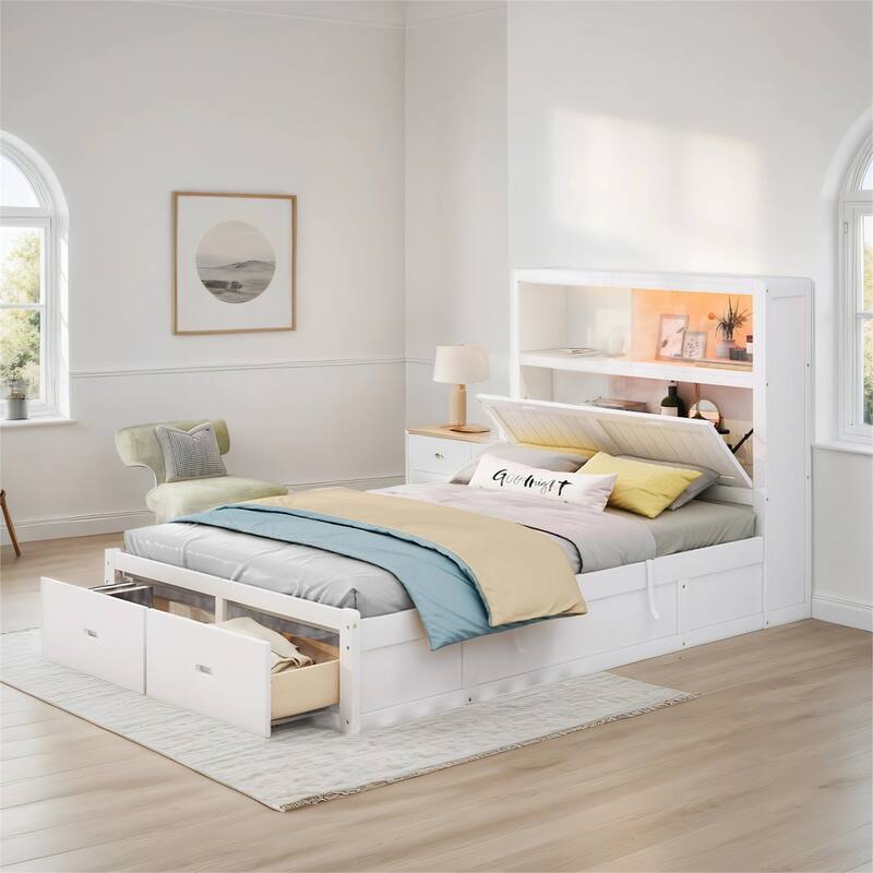Wood FullSize Hydraulic Platform Bed w/LED Headboard, Charging Station