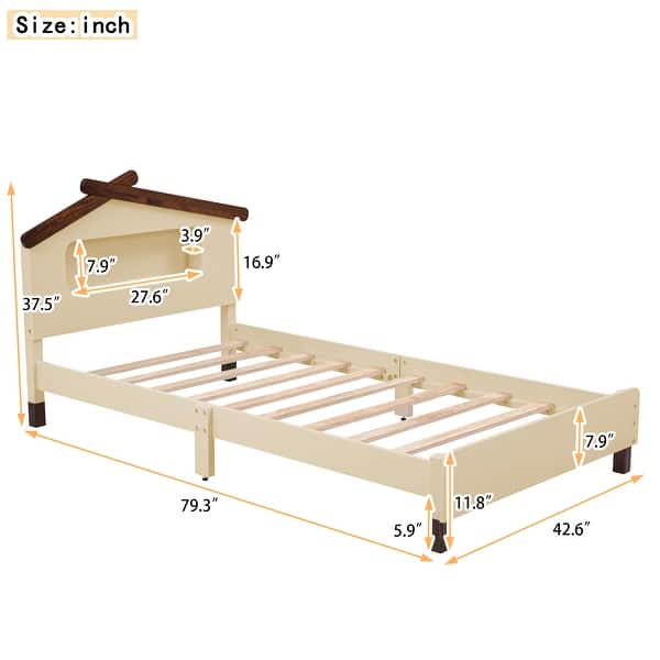 dimension image slide 1 of 6, Wood Bed Frame w/ House-Shaped Headboard & Motion Activated Night Lights for Kids
