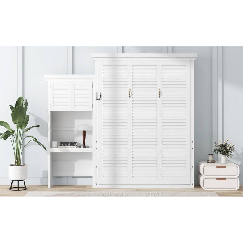 Queen Size Murphy Bed Convertible Louvered Style Cube Cabinet Foldable Platform Bed with Side Storage Bookcase Cabinet Shelves