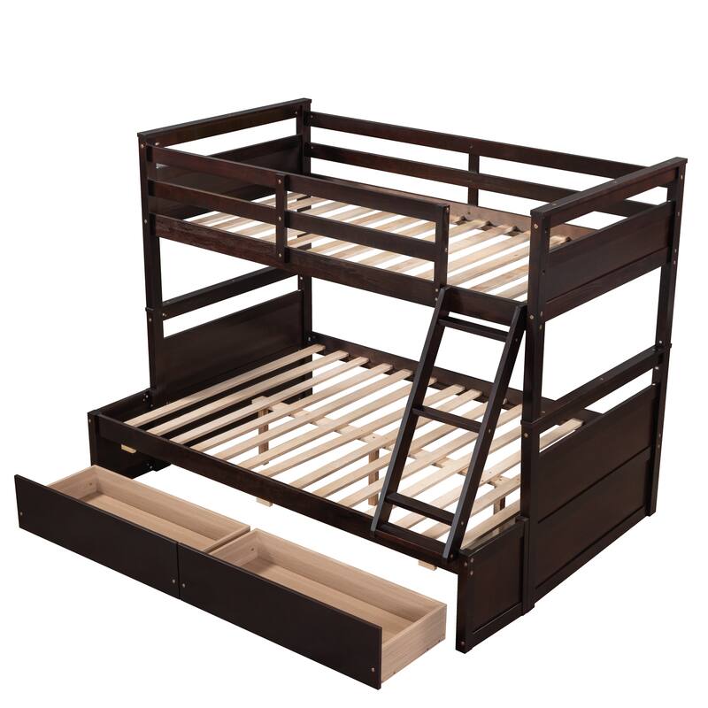 Twin Over Twin Wood Bunk Bed, Convertible Solid Wood Bunkbed Frame - Espresso - Full