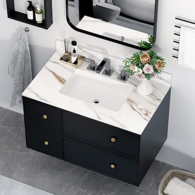 37 Inch Bathroom Marble Vanity Top,Undermount Middle Sink,4" Height Backsplash,Pre-Drilled 8 Inch Faucet Hole Spread Vanity Top