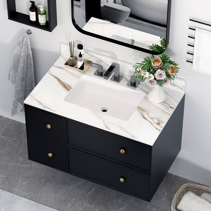 37 Inch Marble Vanity Top, Bathroom Vanity Top with Undermount Rectangular Middle Sink and 4" Height Backsplash - White