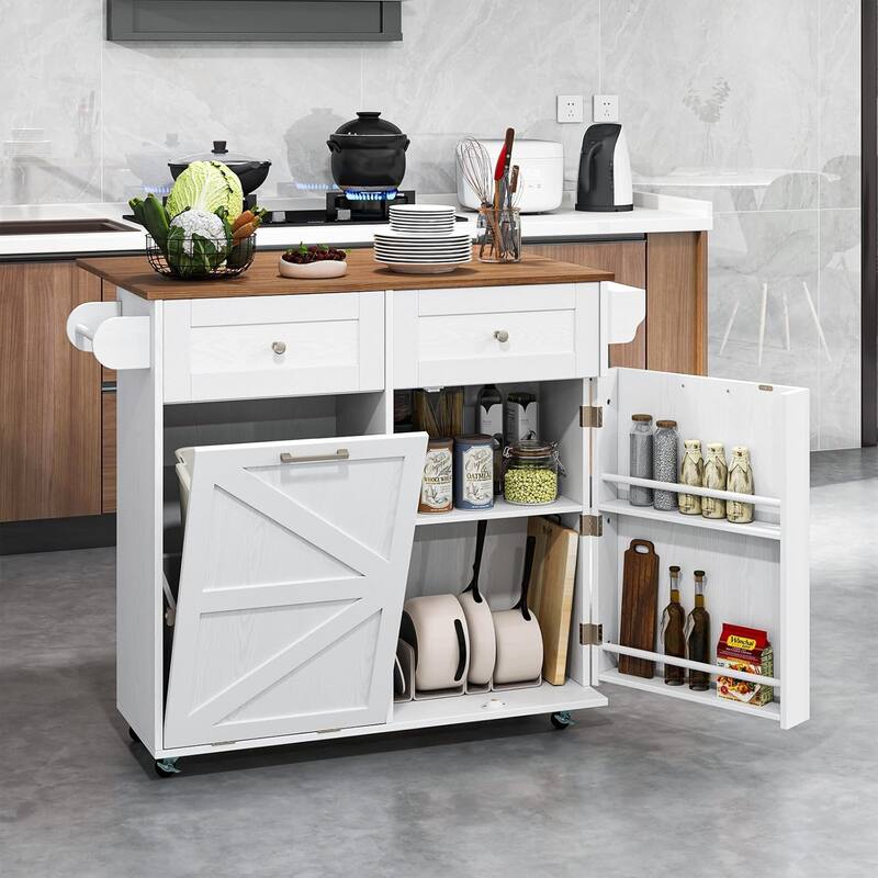 Rolling Kitchen Island with Drop Leaf & Tilt Out Trash Can Cabinet