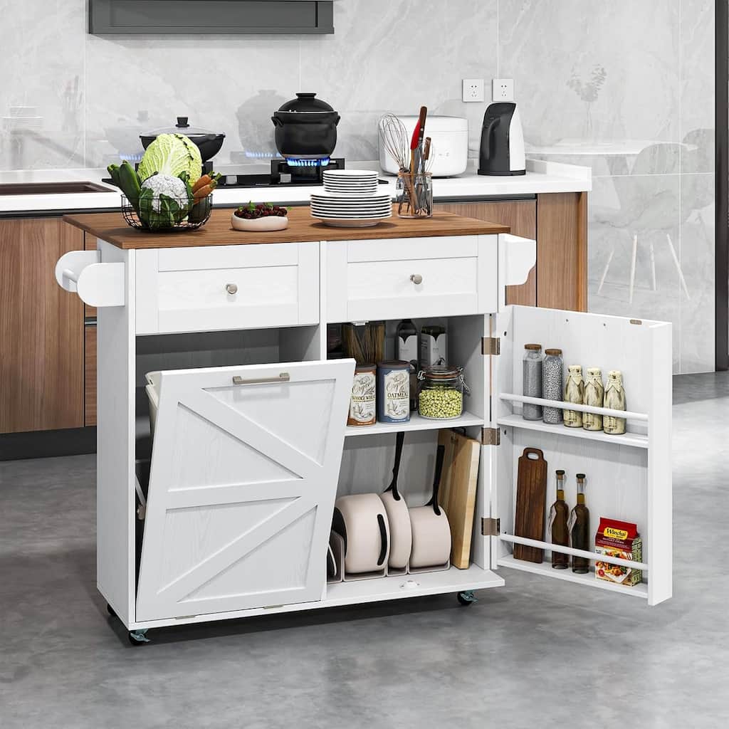 Rolling Kitchen Island with Drop Leaf & Tilt Out Trash Can Cabinet