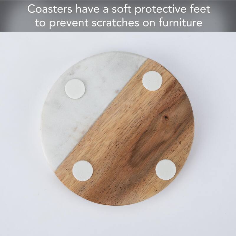 Acacia Wood Coasters with White Marble Accents 4 Pack Protect Surfaces, Attractive, Easily Wipes Clean