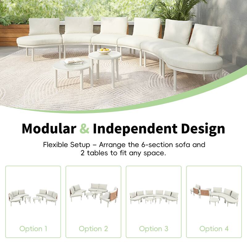 8-Piece Patio Sofa Furniture Set, Half Moon Sectional Sofa with 2 High-Low Coffee Tables, 6 Pillows & Cushions