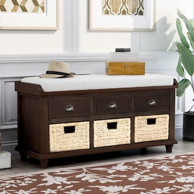 Rustic Storage Bench with 3 Drawers and 3 Rattan Baskets Shoe Bench for Living Room Entryway Espresso
