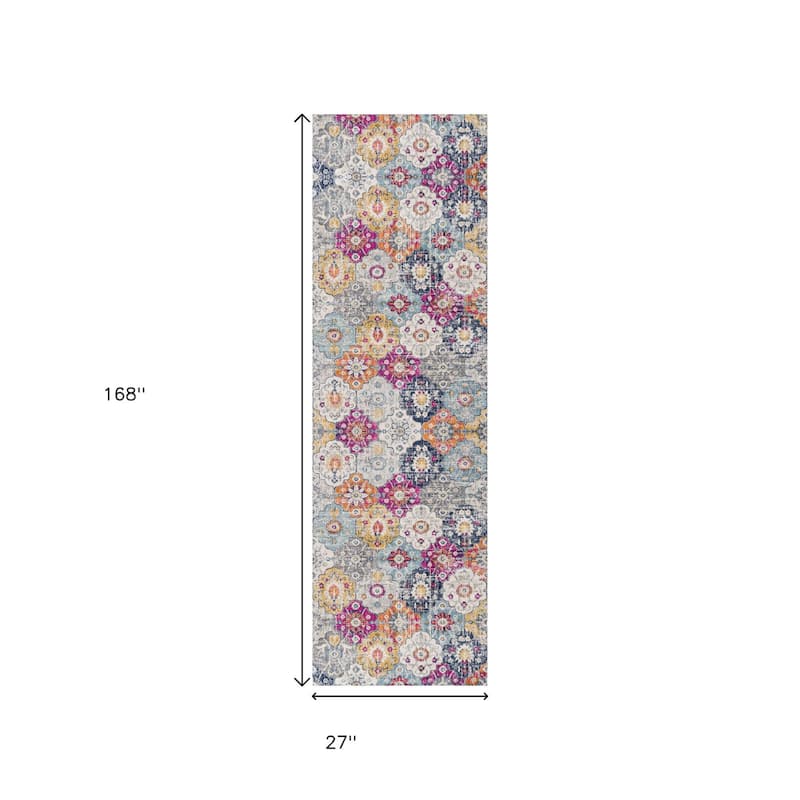 HomeRoots Floral Medallion Mid-Century Runner Area Rug - 168 in. x 27 in. x 0.4 in.
