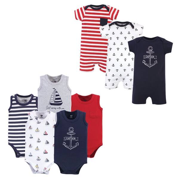 slide 1 of 1, Hudson Baby Infant Boy Cotton Bodysuits and Rompers, 8-Piece, Captain 12 - 18 Months - Blue/Red