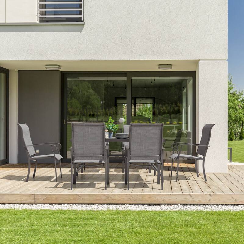 7-Piece Outdoor Patio Dining Set, 61" Long Iron Table, 6 Textilene Chairs