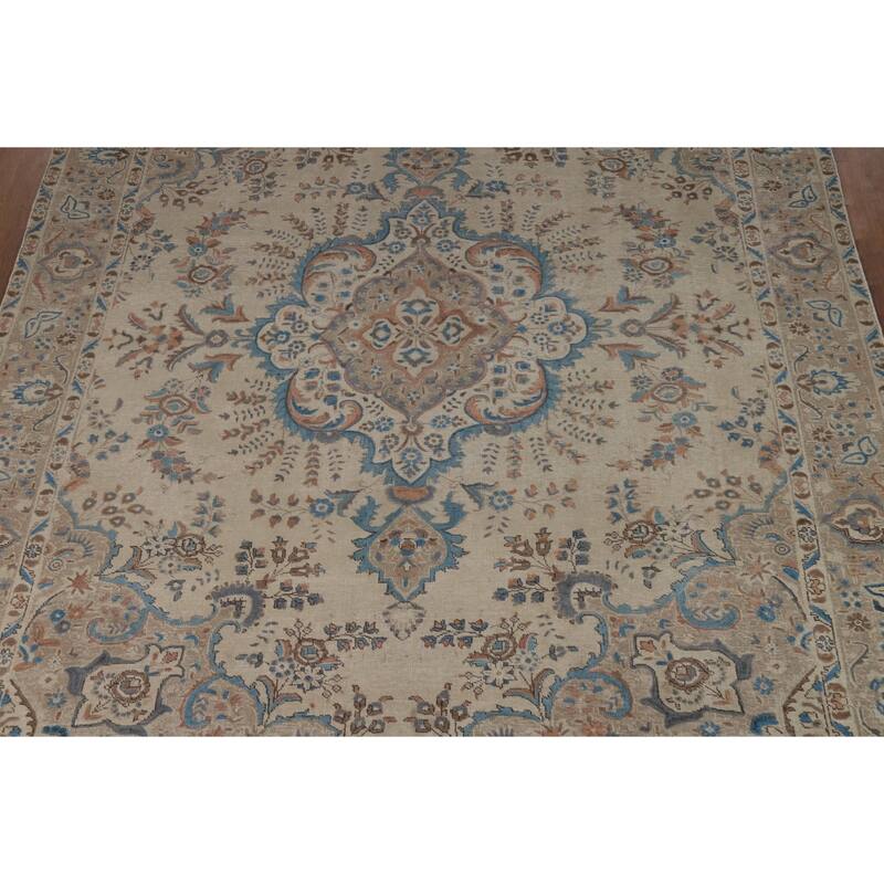 Hand Knotted Oriental 100% Wool Carpet Traditional Floral Beige & Ivories Tabriz Area Rug - 11' 0'' X 8' 2''