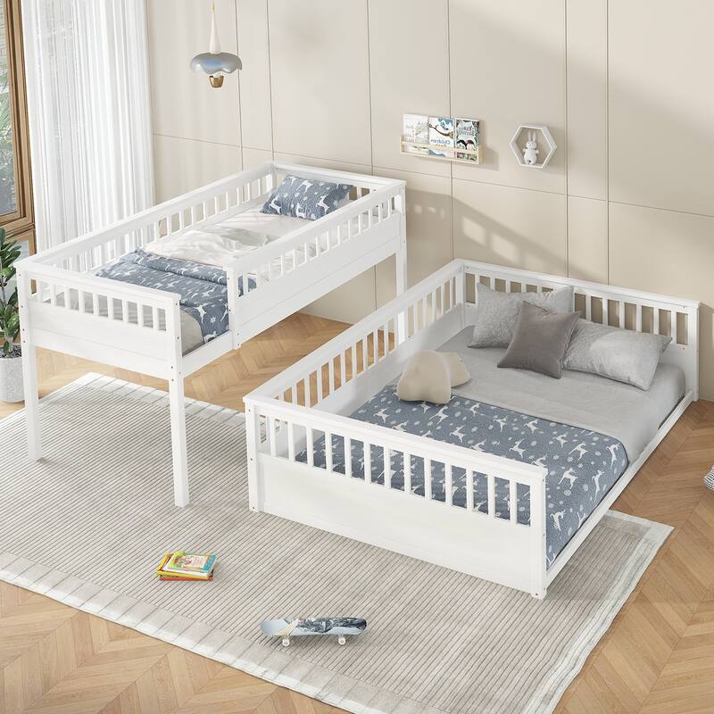 Roomfitters Twin XL over Queen Bunk Bed with Ladder and Safety Guardrails, Space-Saving Wood Frame, White