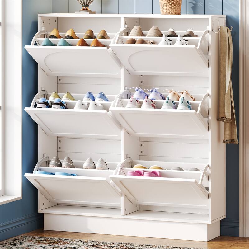 Tipping Bucket Shoe Cabinet w/ 6 Flip Drawers,Adjustable Shelf,Hooks