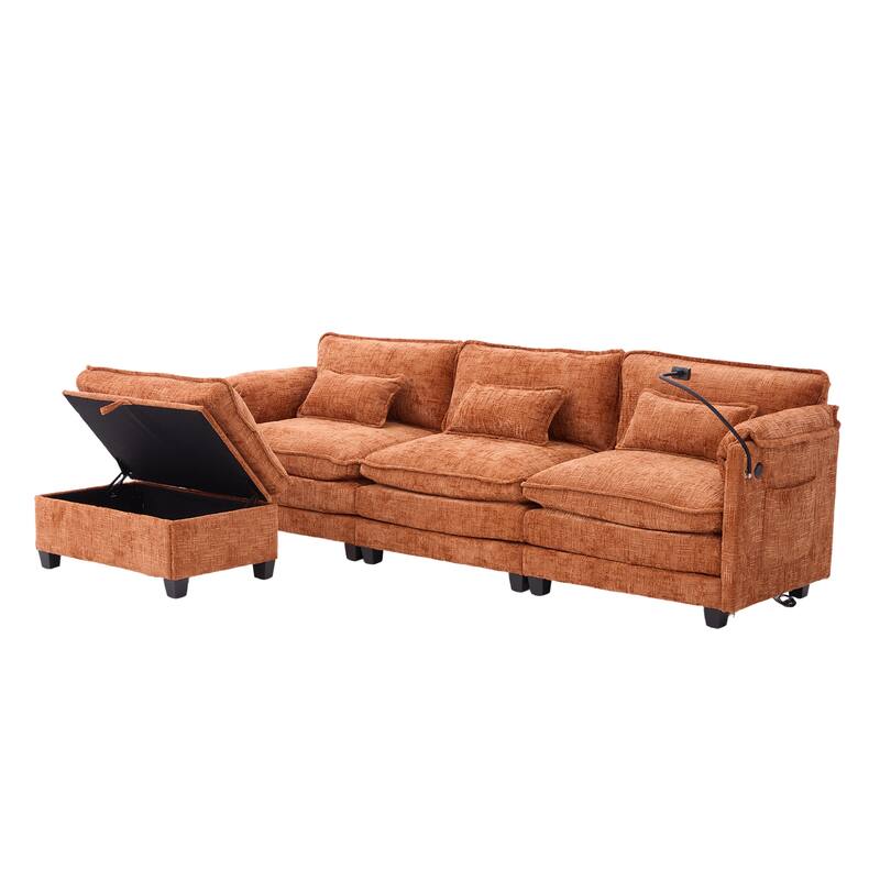 Modern Chenille Chaise Couch L-shaped Sectional Sofa with Storage Ottoman, Phone Holder, USB/Type-C Ports and Side Pockets