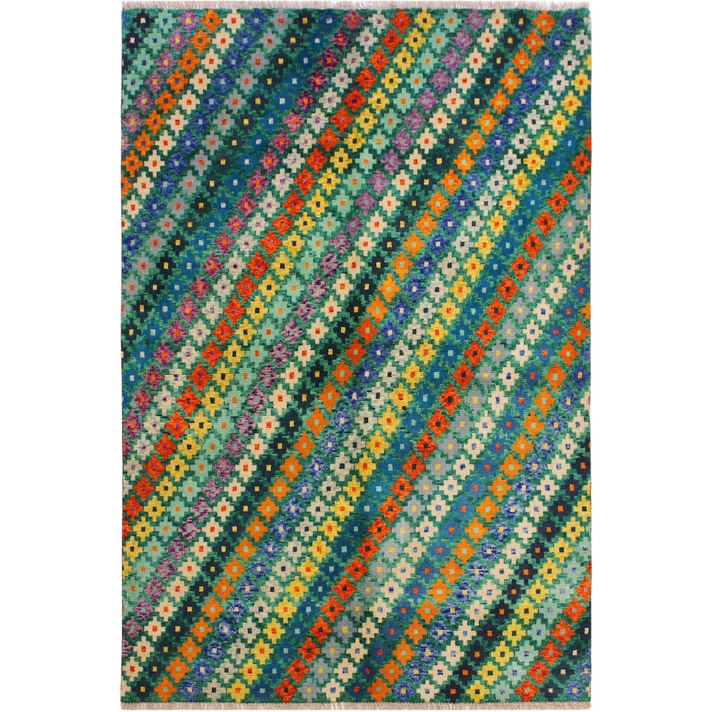 Modern Balochi Rice Green/Beige Hand Knotted Wool Rug - 4'11'' x 6'8''