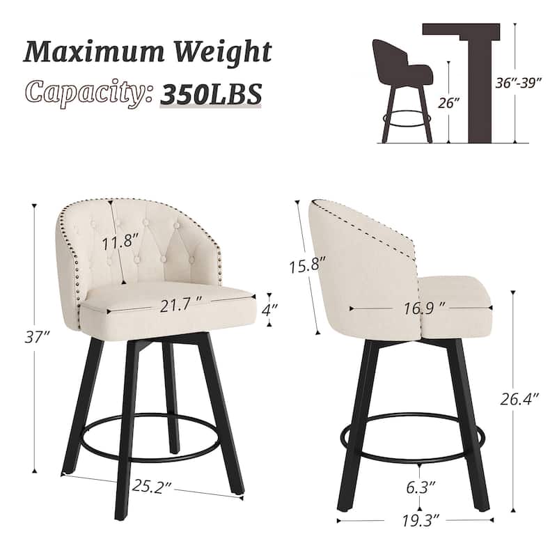 26" Swivel Counter Height Bar Stools Set of 3 Upholstered Counter Stools With Backs - 26" H