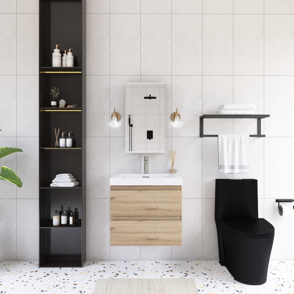 Angela Wall Mounted Bathroom Vanity in F. Oak with White Cultured Marble Top