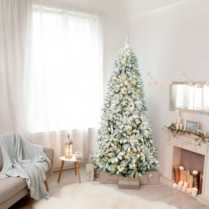 Fraser Hill Farm 7.5-Ft. Flocked Winter Snow Pine Christmas Tree with Warm White LED Lighting