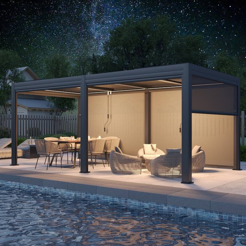 Erommy Outdoor Louvered Pergola Gazebo with Adjustable Aluminum Rainproof Roof and Pull-Down Screen