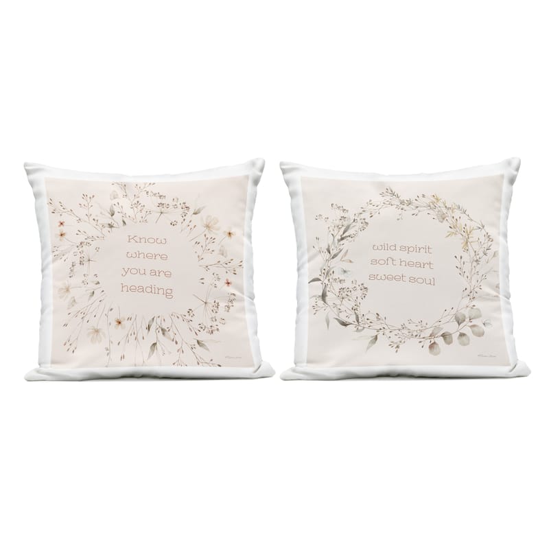 Stupell Inspiring Soft Wreaths with Phrases Printed Outdoor Throw Pillow Design by Sara Baker (Set of 2) - Pillow Sets - Polyester - Beige - Set of 2