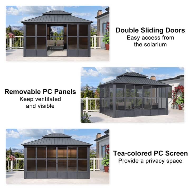PURPLE LEAF Double Top Sunroom Outdoor Grey All-Weather Screen House Patio Hardtop Gazebo