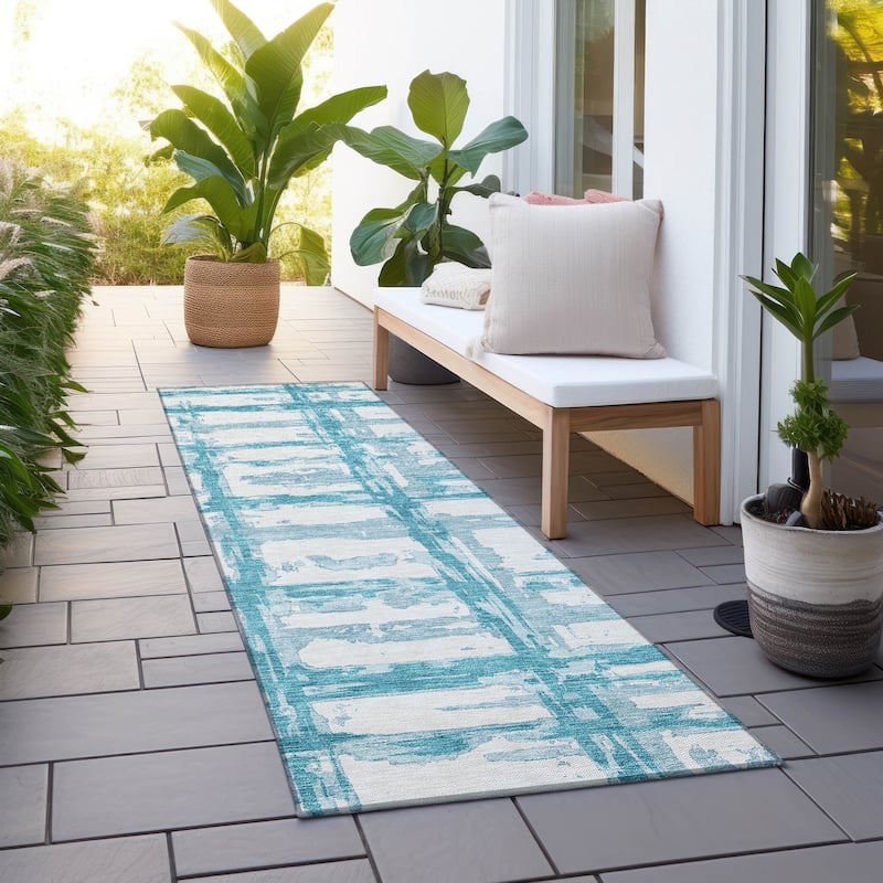 Machine Washable Indoor/ Outdoor Chantille Abstract Contemporary Rug - Teal - 2'3" x 7'6"