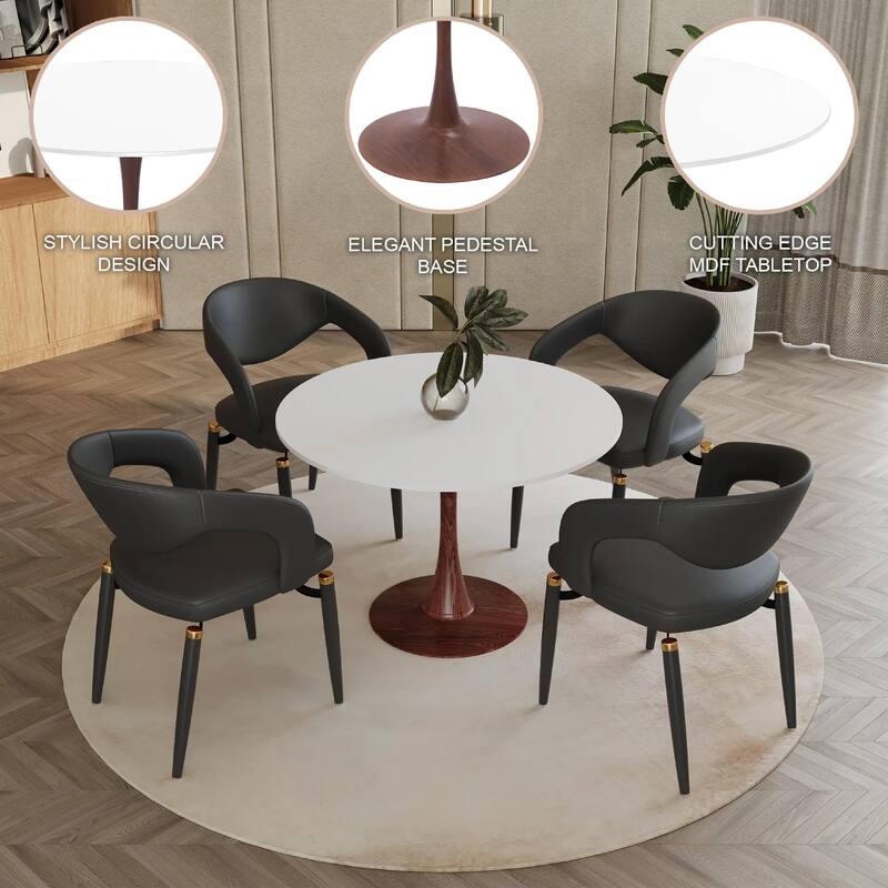 Bristol 35" Round Dining Table with MDF Top and Walnut Steel Pedestal Base for Modern Kitchen and Dining Room