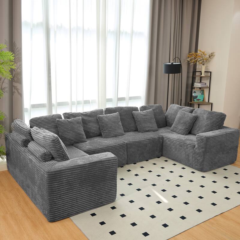 Pet Friendly Corduroy Sleeper Sofa Bed Modular U-Shaped Sectional Sofa with Chaise Lounge, Floor Standing Couch with Pillows