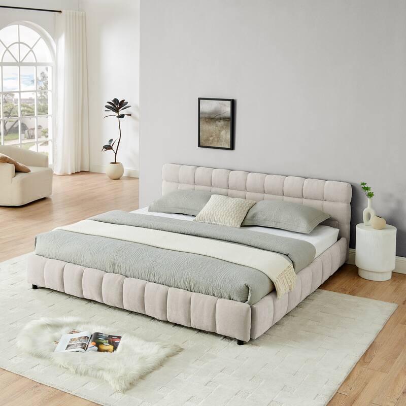 Block Thick Chenille Low Profile Platform Bed Fabric Upholstered Bedframe with Headboard Solid Wood Frame - Optional Storage Bed