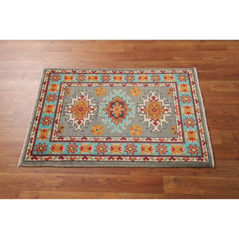 Gray Turquoise Kazak Oriental Foyer Rug Hand-Knotted Wool Carpet - 2'0"x 3'0"