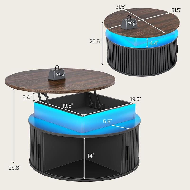 Lift Top Coffee Table 3-Tier Round Coffee Table Storage Center Table
