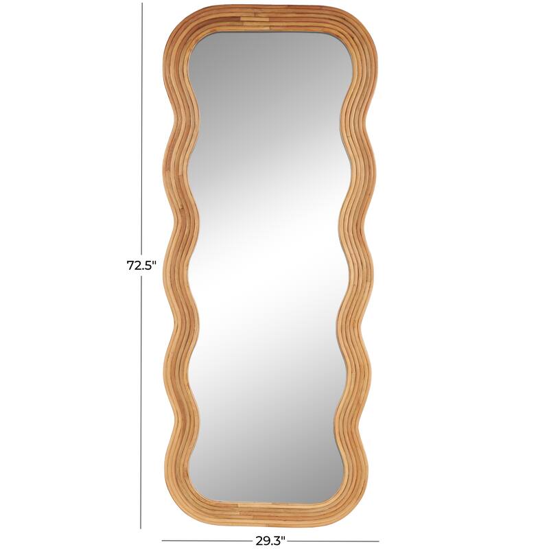 Brown Wood Handmade Wavy Room Wall Mirror with Ribbed Frame - 2"W x 29"L x 73"H