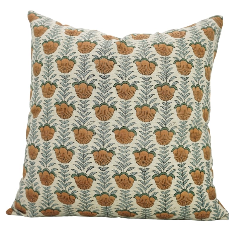 Fabdivine Handmade Floral or Weave Yellow Pillow Cover in Soft Linen for Block Print Room Boho Spring Home Décor, Lehar - Lotus- Orange, Green - 26" x 26" - Pillow Covers