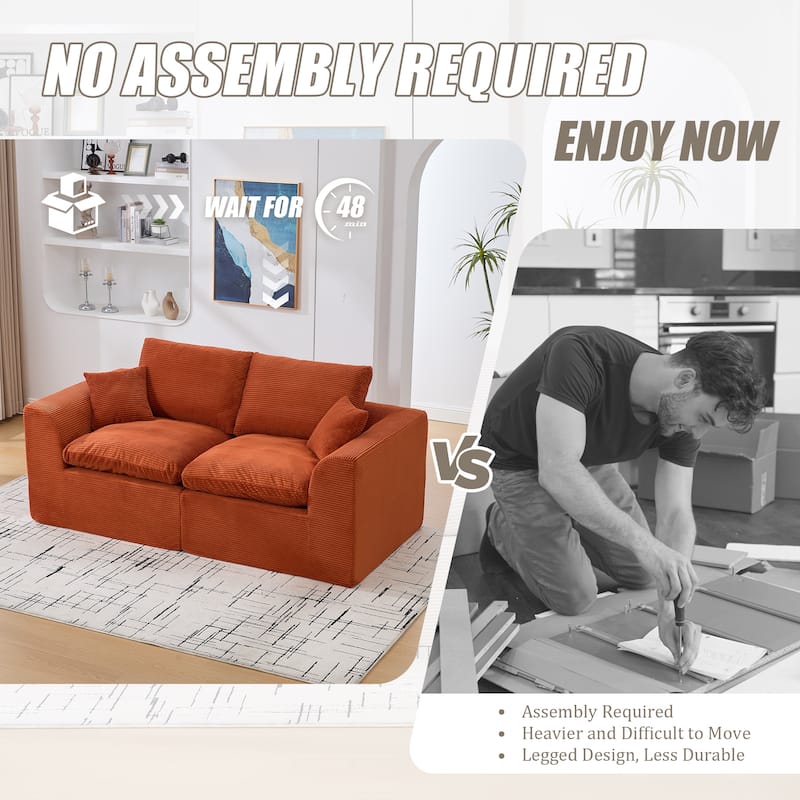 Modern 2-Seater Corduroy Cloud Sofa Modular 2-Piece Sectional Sofa with Removable Covers, for Living Room, Bedroom, Orange